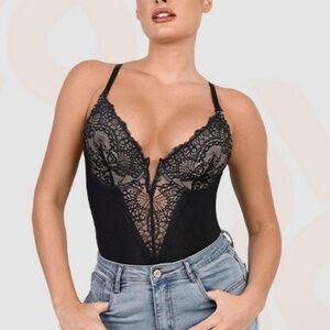 NWT Popilush Black and Nude Deep V Lace Built in Shapewear Thong Bodysuit XL